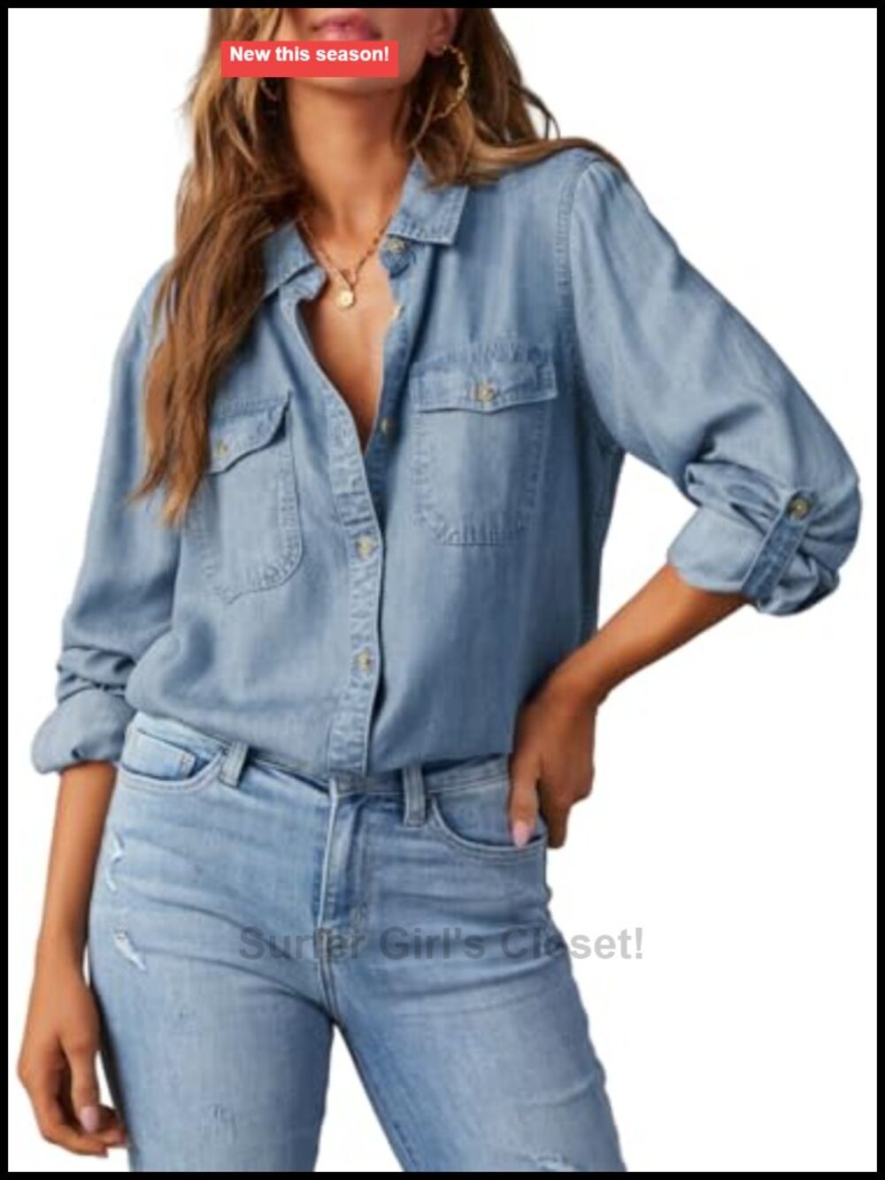 Denim Button Down Shirt Long Sleeve Lyocell Chambray Blouse